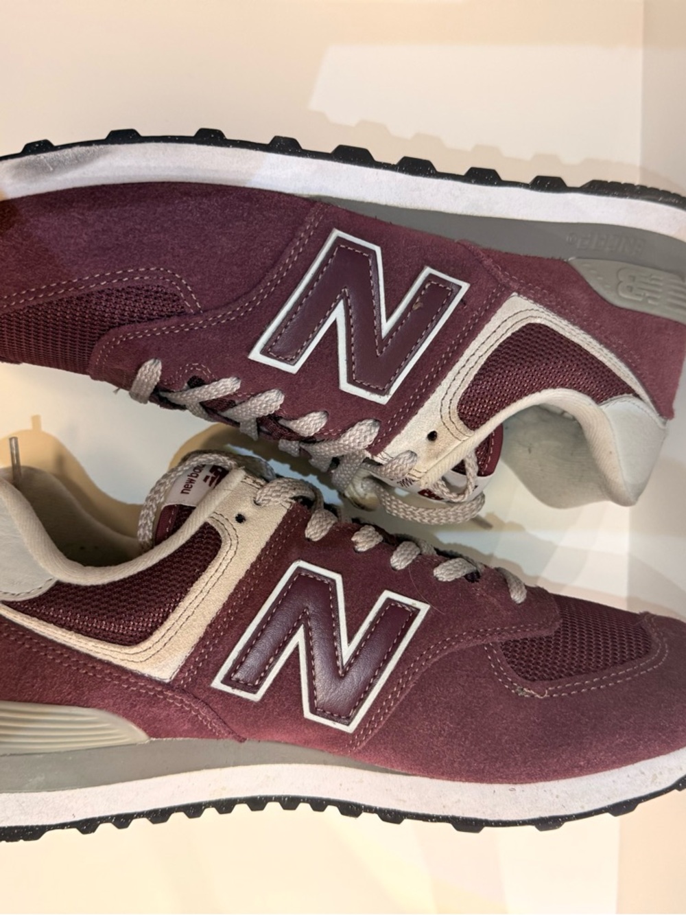 New Balance Women’s 574 Sneakers FM in Burgundy and Beige - Picture 3 of 6
